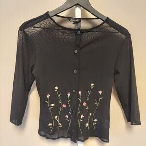 Black Sheer Mesh Button Long Sleeve Shirt Floral Embroidered Whimsigoth Coquette